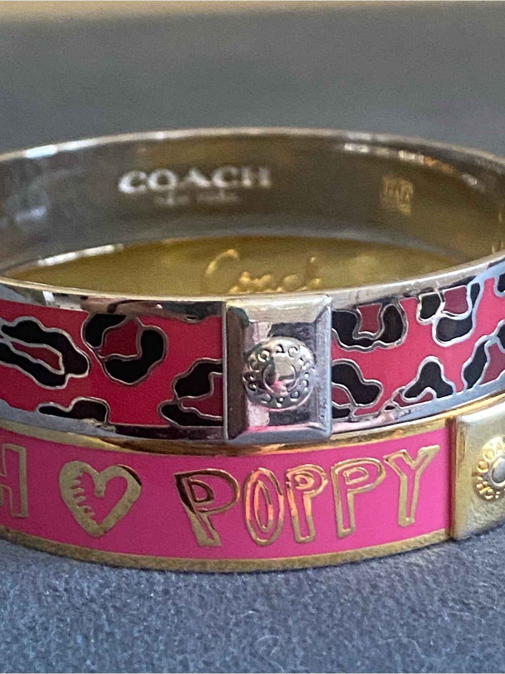 Designer Pink Enamel Poppy & Leopard Print Bangle Set